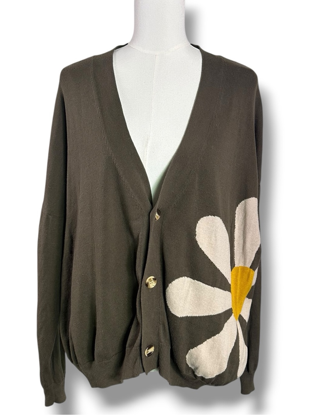 Natural Life Live Happy Olive Green Daisy Cardigan Sweater Oversized Small XS - Picture 6 of 12